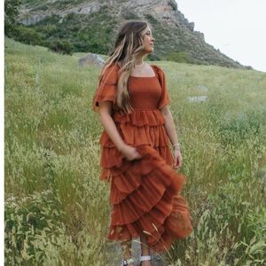 Rust Tiered Tulle Burnt Orange Dress M L smocked formal boutique Deauville fall